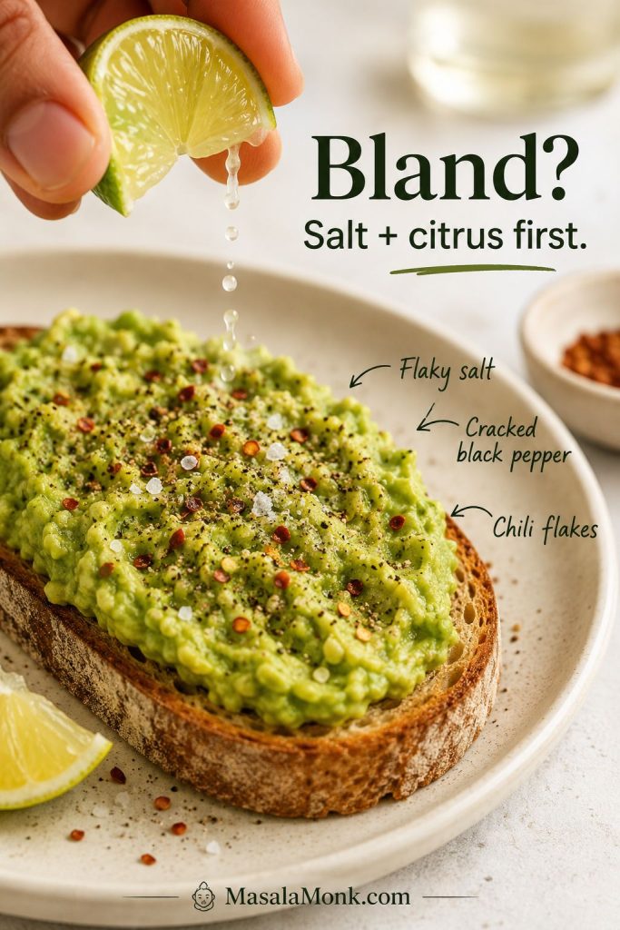 Close-up of bland avocado toast being fixed with lime juice, flaky salt, black pepper, and chili flakes.