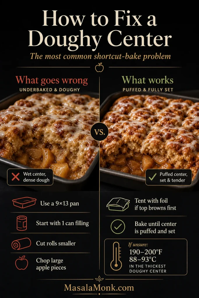 Troubleshooting guide for fixing a doughy center in apple cinnamon roll bake, comparing a wet underbaked center with a puffed and set center.