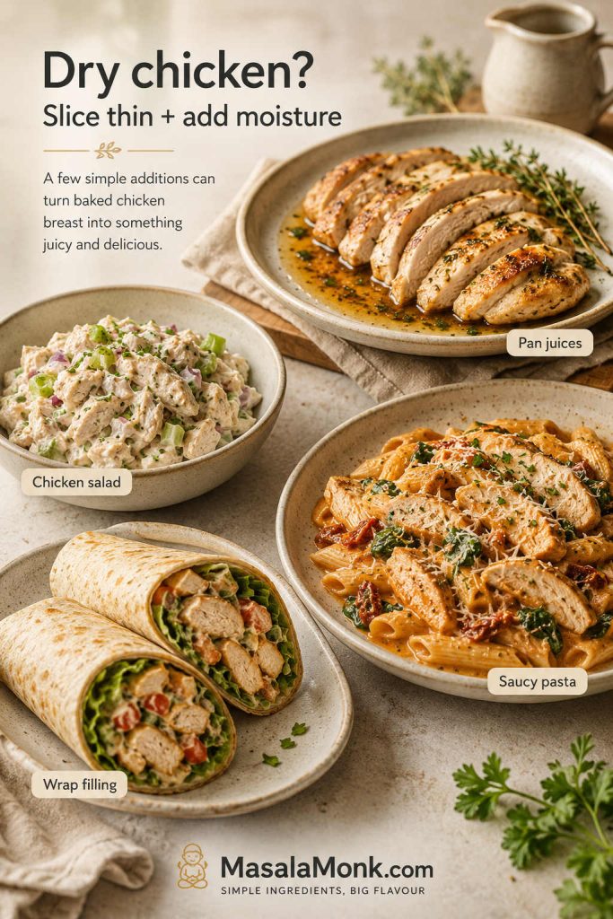 Dry baked chicken breast rescue ideas including pan juices, chicken salad, saucy pasta, and wrap filling.