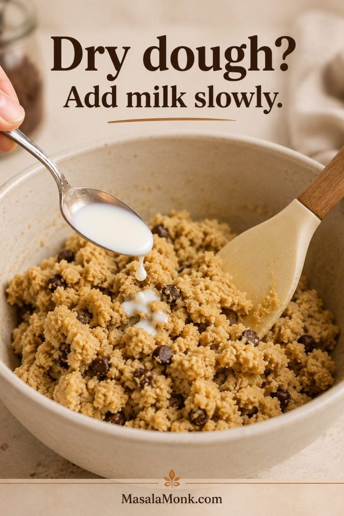 A teaspoon of milk is being added to dry, crumbly edible cookie dough to improve the texture.