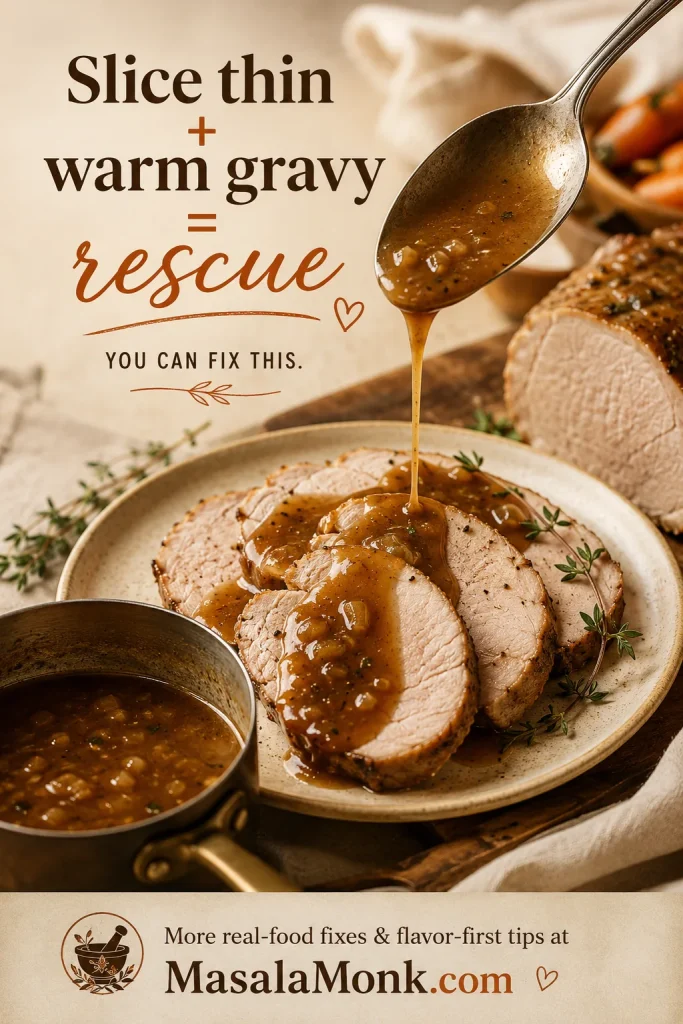 Thin slices of pork loin being covered with warm gravy as a rescue method for dry slow cooker pork.