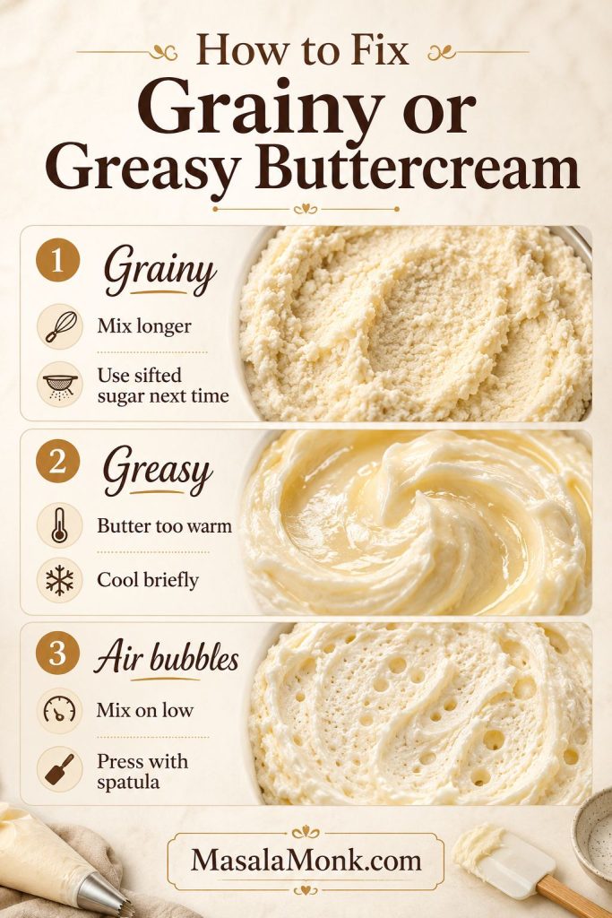 Rescue board showing grainy, greasy, and airy buttercream textures with fixes for mixing, cooling, and pressing with a spatula.