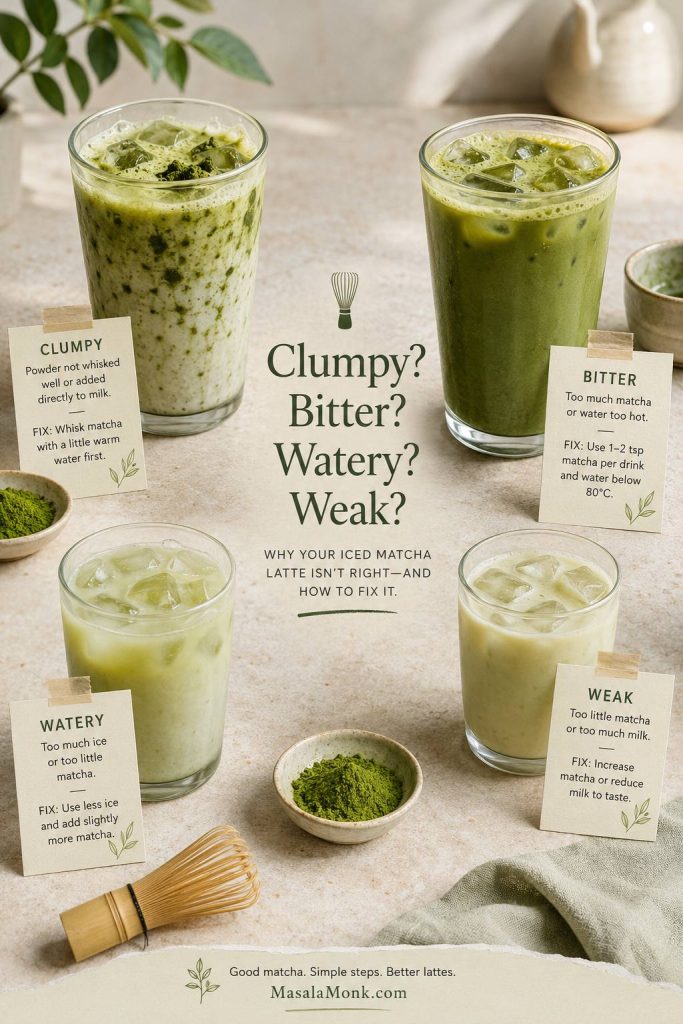 Four iced matcha latte problems shown with labels for clumpy, bitter, watery, and weak drinks