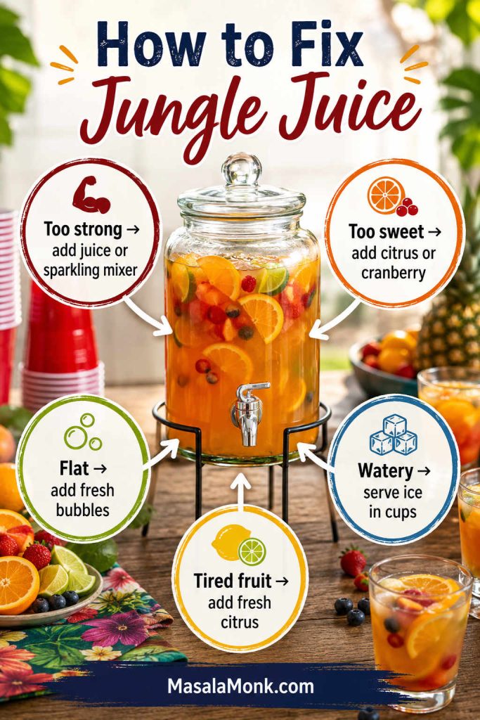 Troubleshooting guide for jungle juice with fixes for punch that is too strong, too sweet, flat, watery, or filled with tired fruit.