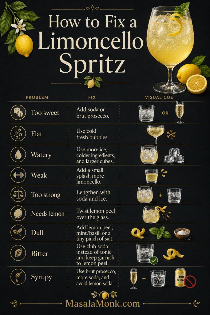 Troubleshooting guide for limoncello spritz problems, including too sweet, flat, watery, weak, too strong, dull, bitter, and syrupy drinks.