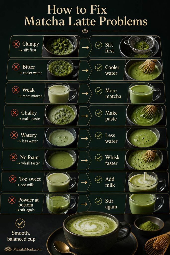 Matcha latte troubleshooting board showing fixes for clumpy, bitter, weak, chalky, watery, no foam, too sweet, and powder at bottom.