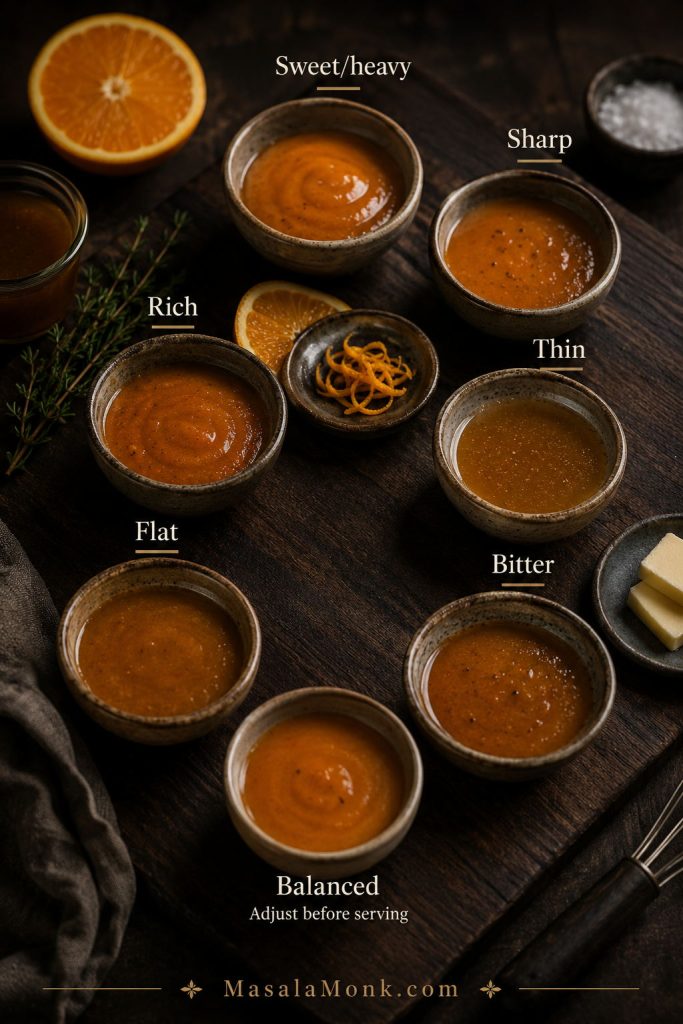 Orange sauce troubleshooting guide with sweet, sharp, thin, rich, flat, bitter, and balanced sauce cues