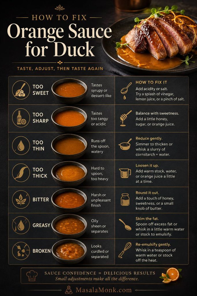 Troubleshooting board for orange sauce for duck with sweet, sharp, thin, thick, bitter, greasy, and broken sauce problems