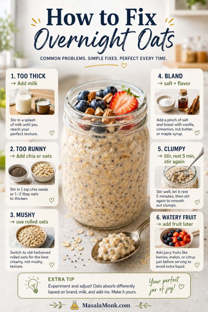 Troubleshooting board for overnight oats that are too thick, too runny, mushy, bland, clumpy, or watery from fruit.