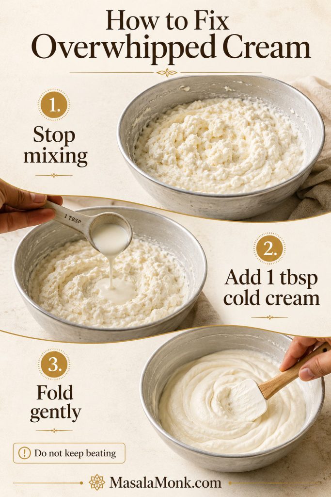 Overwhipped cream rescue steps showing grainy cream, cold cream being added, and the mixture being folded until smoother.