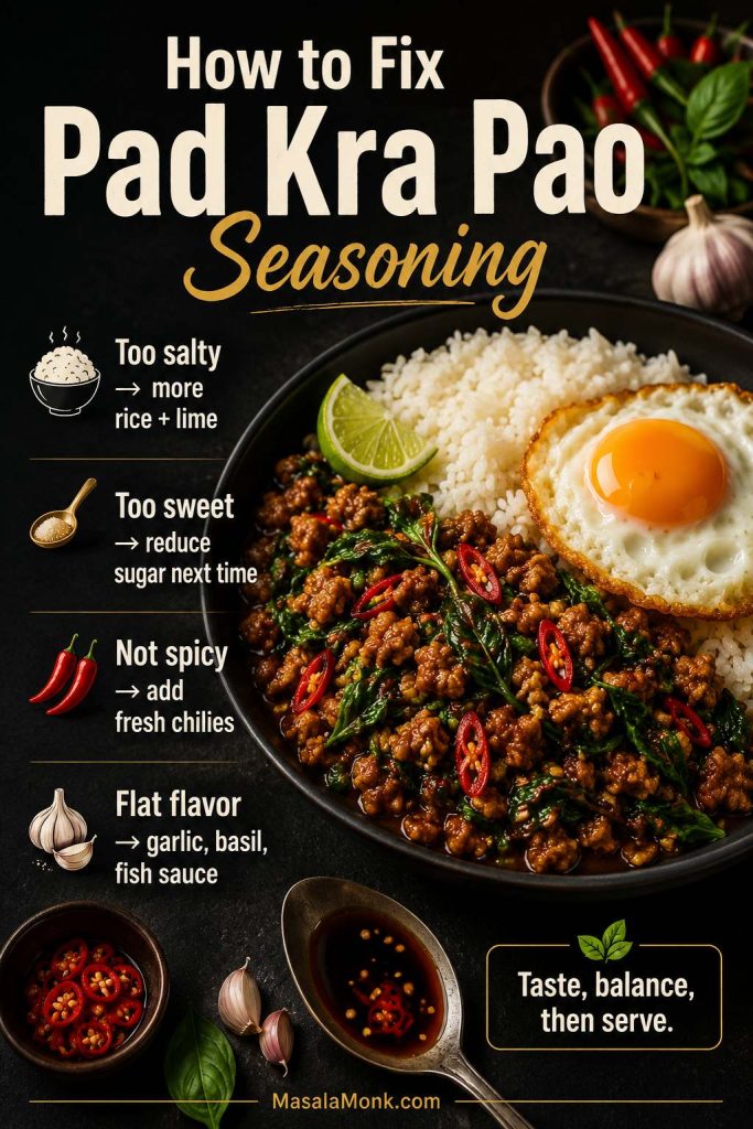 Seasoning troubleshooting board for Pad Kra Pao with rice, lime, chilies, garlic, basil, fish sauce, and a glossy stir-fry bowl.