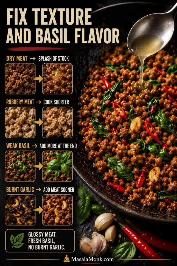 Texture and basil troubleshooting board with dry meat, rubbery meat, weak basil, burnt garlic, glossy meat, basil leaves, and spooned stock.