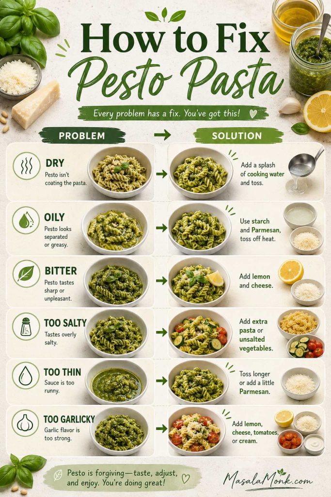 Troubleshooting guide for pesto pasta with fixes for dry, oily, bitter, too salty, too thin and too garlicky pasta