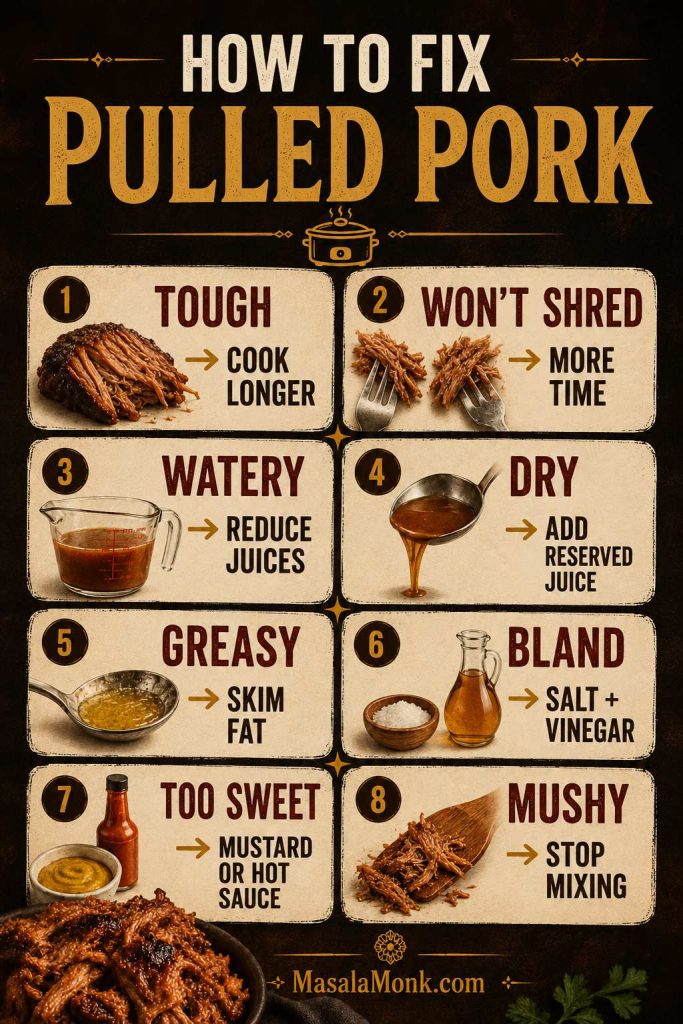 Troubleshooting board for pulled pork with fixes for tough, won’t shred, watery, dry, greasy, bland, too sweet, and mushy pork.
