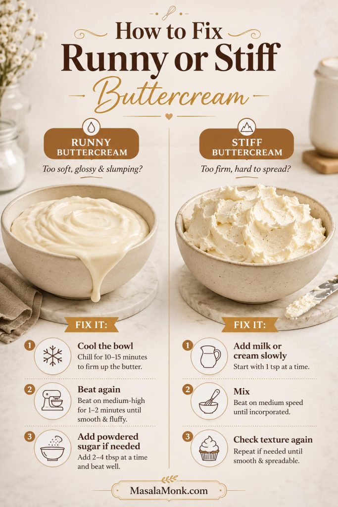 Two-column guide showing runny buttercream and stiff buttercream with fixes using cooling, powdered sugar, milk, or cream.