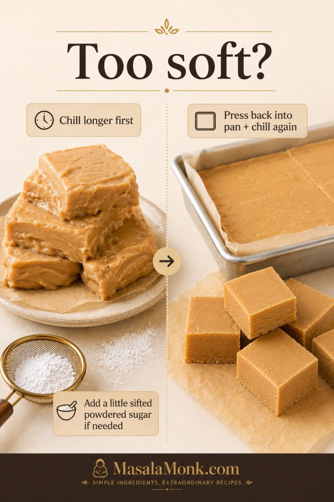 Soft peanut butter fudge rescue guide showing unset fudge, sifted powdered sugar, and corrected firm fudge squares.