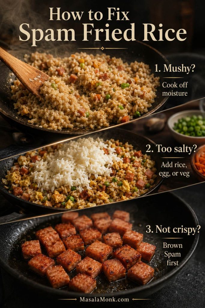 A troubleshooting image showing fixes for mushy fried rice, overly salty rice, and Spam that is not crispy enough.