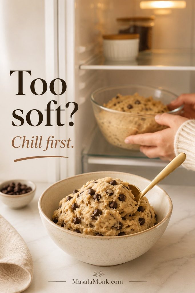 Soft edible cookie dough is shown with a fridge cue, illustrating chilling as a fix for sticky dough.