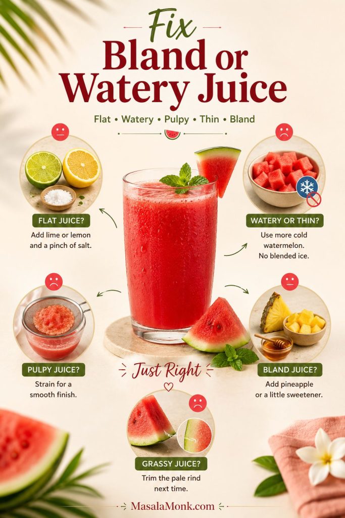Troubleshooting board showing fixes for bland, watery, pulpy, thin, and flat watermelon juice.