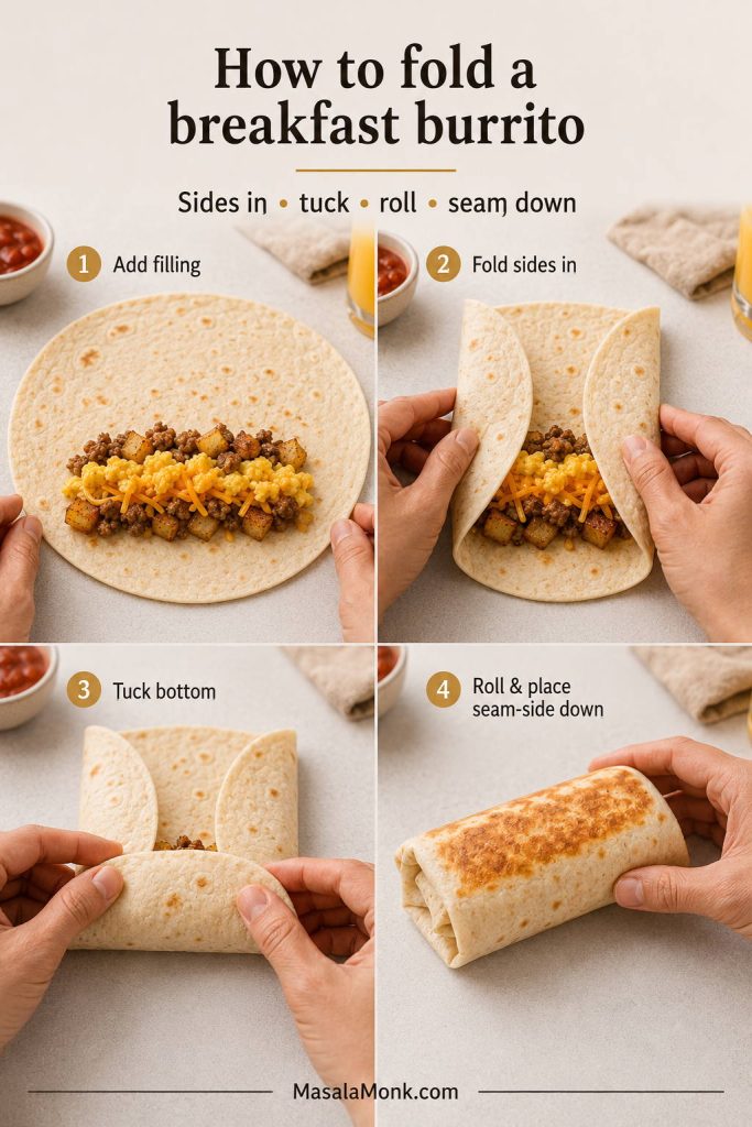 Step-by-step folding guide showing a breakfast burrito being filled, sides folded in, tucked, and rolled closed