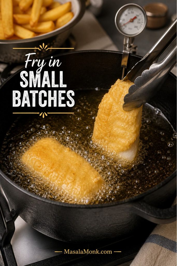 Beer-battered fish being lowered into hot oil with bubbles forming around the coating.