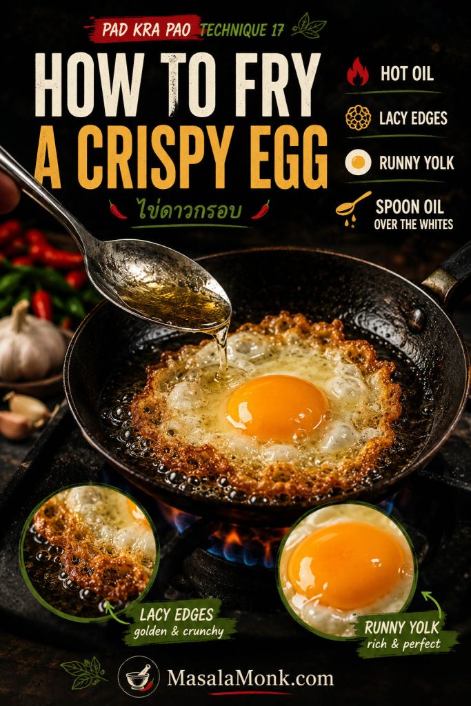 Crispy fried egg technique board with hot oil, lacy golden edges, runny yolk, and spooning oil over the whites.