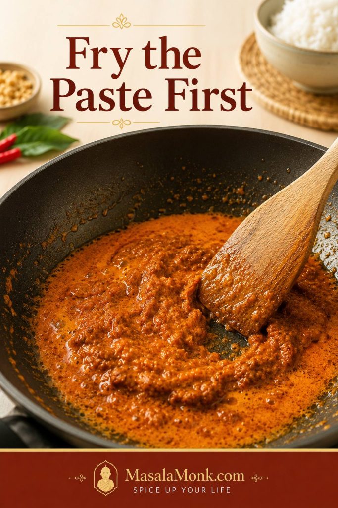 Panang curry paste frying in a skillet with oil or coconut cream while a wooden spatula stirs it.