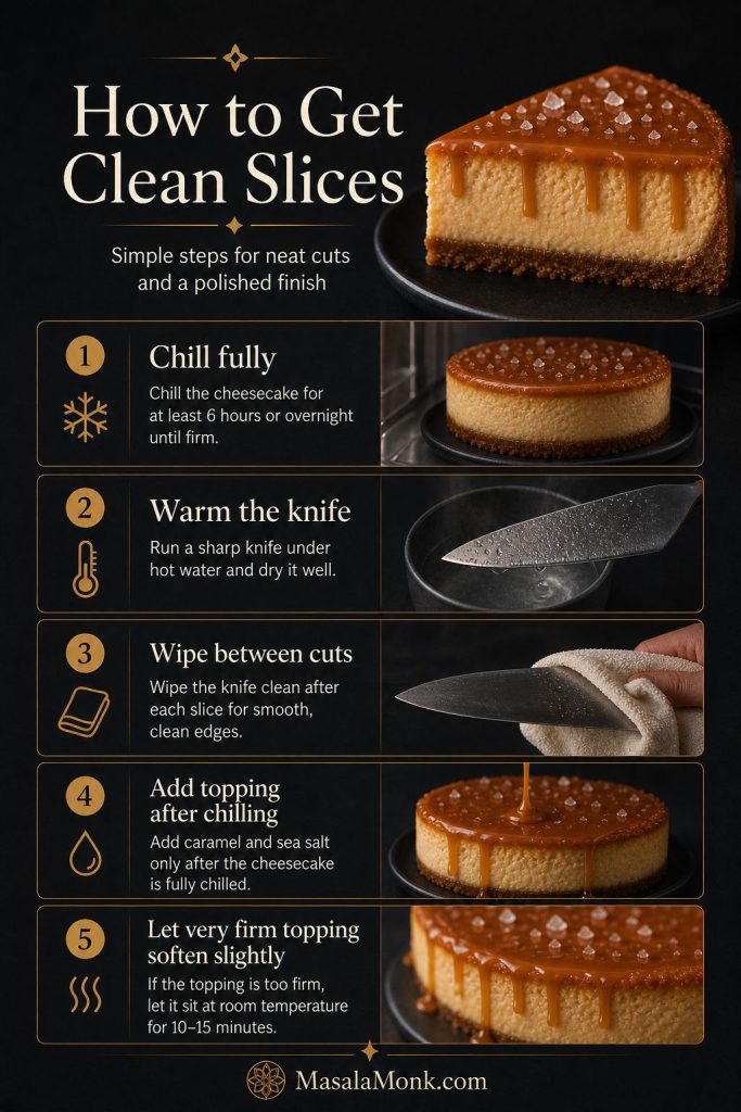 Clean cheesecake slicing guide showing chilling, warming the knife, wiping between cuts, adding topping after chilling, and softening firm topping.