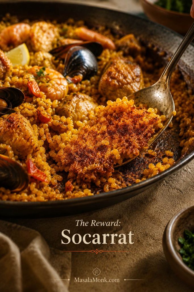 Paella pan with cooked saffron rice and a toasted bottom cue showing how to get socarrat at the end.