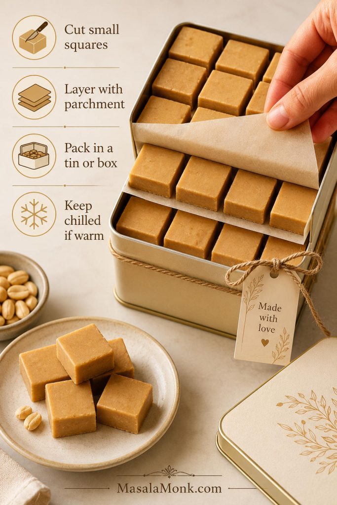 Peanut butter fudge packed in a parchment-lined tin with small squares, parchment layers, and a gift tag.