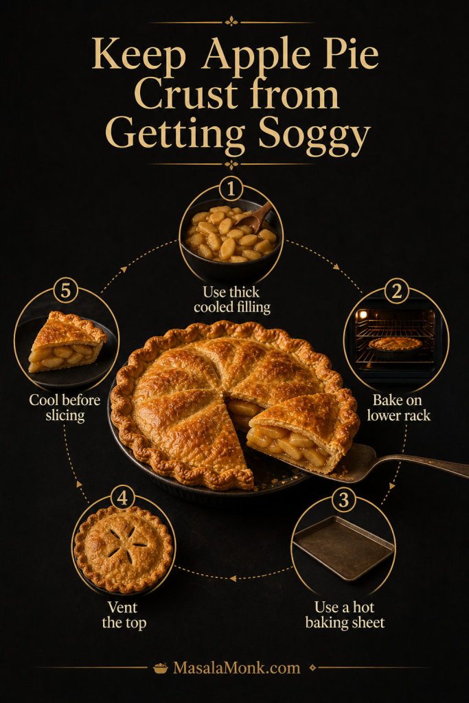 Soggy apple pie crust prevention guide with thick cooled filling, lower oven rack, hot baking sheet, vented top crust, and cooling before slicing.