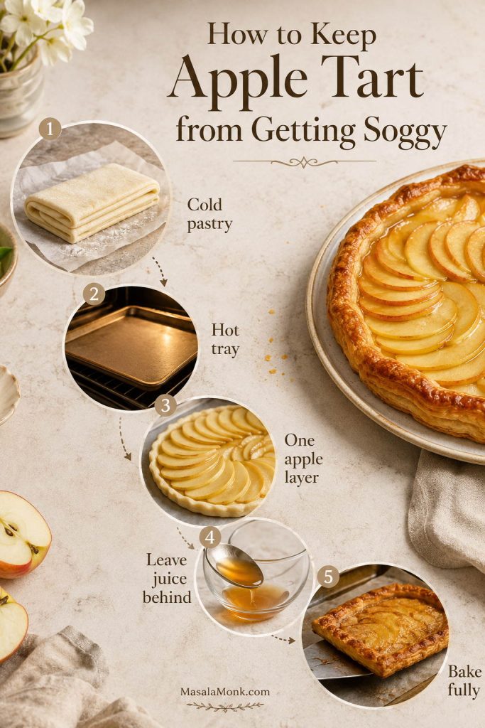 Crisp-base guide for apple tart showing cold pastry, a hot tray, one apple layer, excess juice control, and full baking.