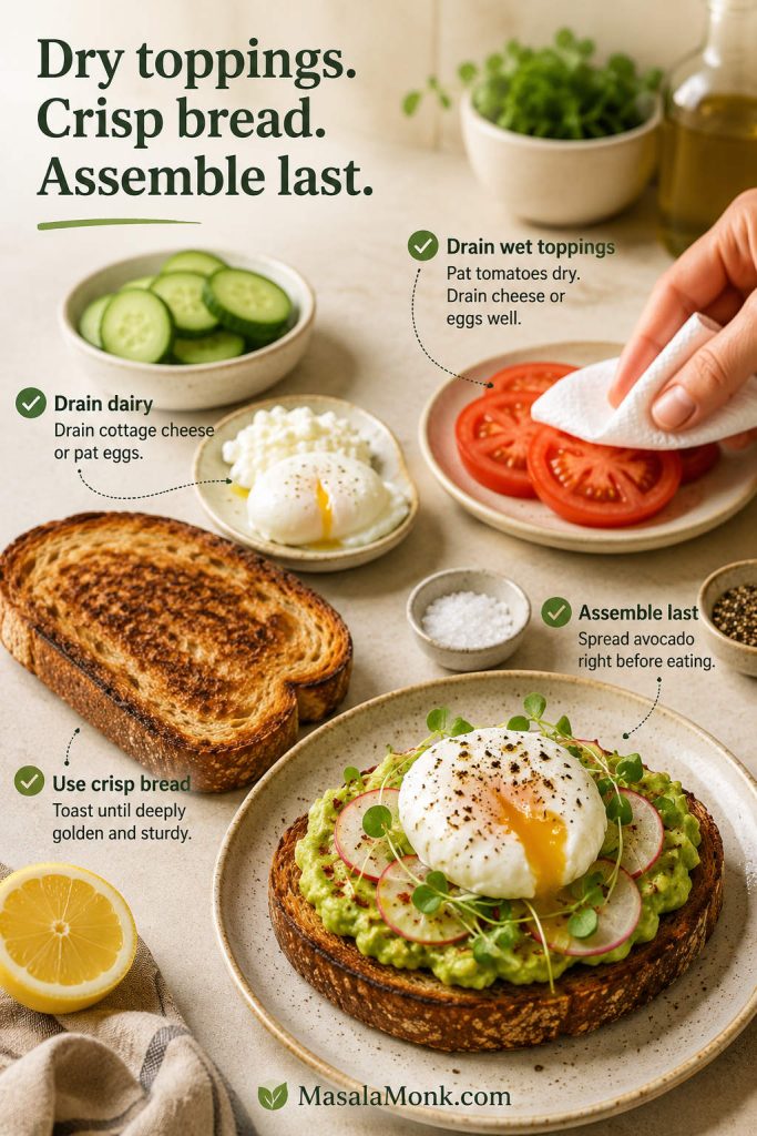 Soggy avocado toast prevention guide with tomato slices being dried, crisp toast, cottage cheese, poached egg, and a finished toast.