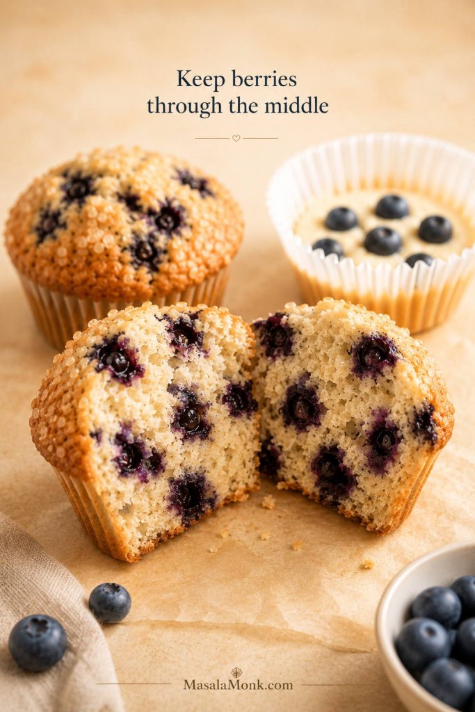Split blueberry muffin showing blueberries distributed through the middle with a muffin cup of batter in the background.