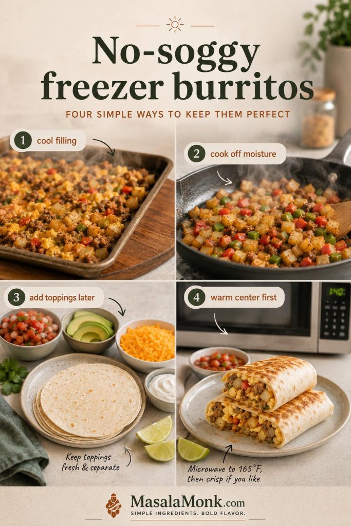 No-soggy freezer breakfast burrito guide showing cooled filling, dry vegetables, toppings kept separate, and gentle reheating.