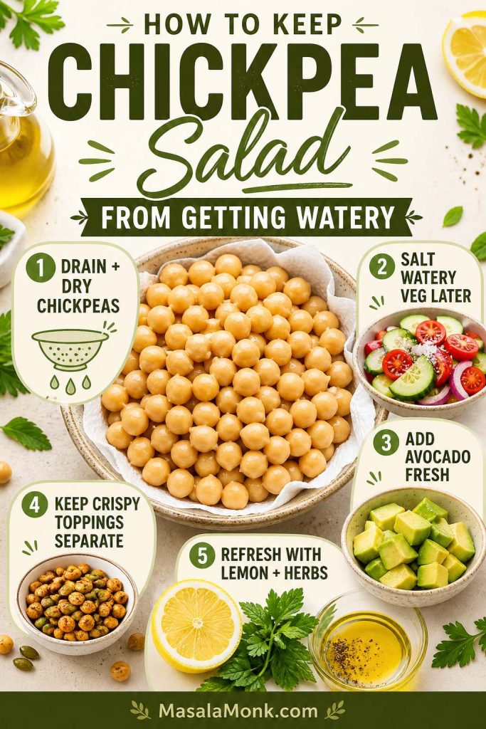 Infographic showing tips to keep chickpea salad from getting watery, including drying chickpeas, salting vegetables later, and adding avocado fresh.