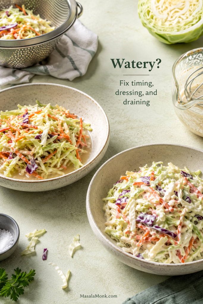 Two bowls comparing watery coleslaw with properly dressed coleslaw that is creamy and not soupy.