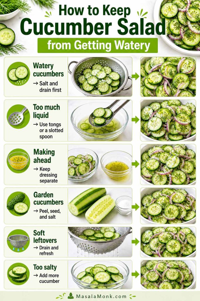 Troubleshooting board showing ways to keep cucumber salad from getting watery, including salting, draining, serving with tongs, and keeping dressing separate.