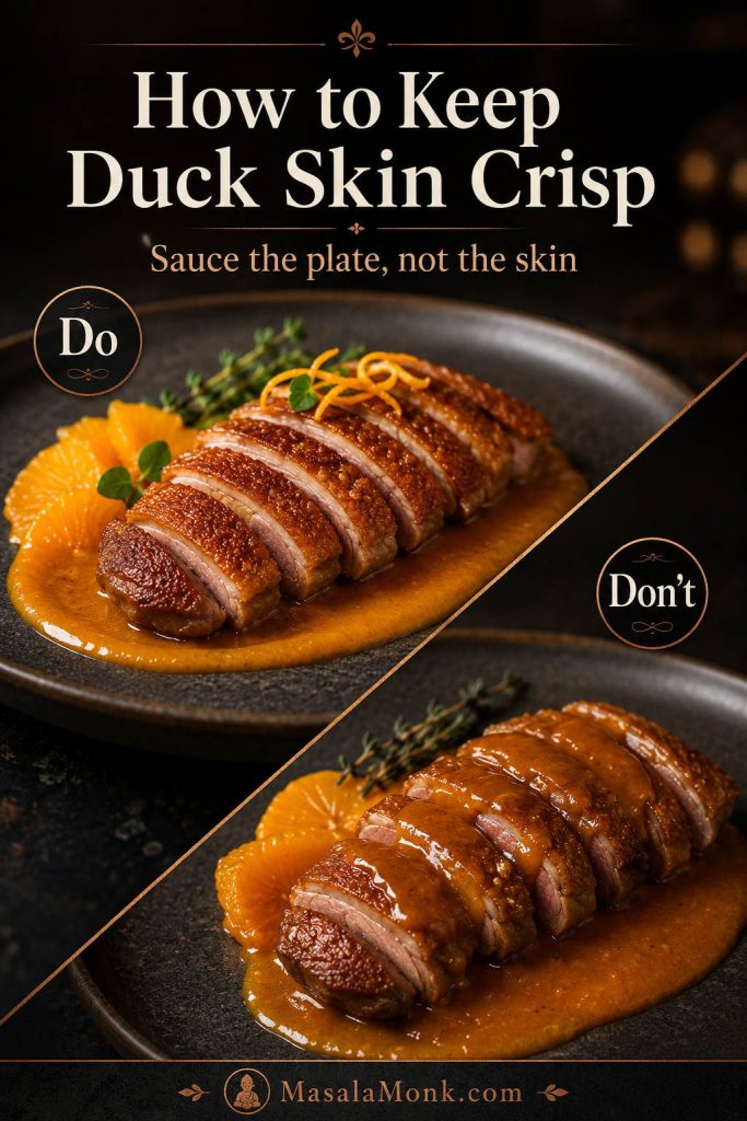 Do and don’t comparison showing orange sauce under duck versus sauce poured over duck skin