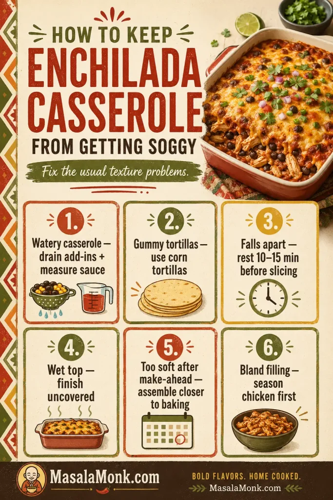 Troubleshooting board for preventing soggy enchilada casserole, with fixes for watery sauce, gummy tortillas, falling apart, wet top, make-ahead softness, and bland filling.