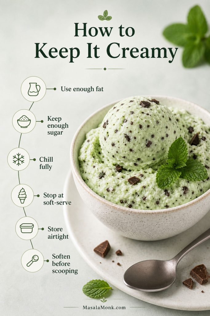Guide to keeping homemade mint chocolate chip ice cream creamy, with tips for fat, sugar, chilling, soft-serve texture, airtight storage, and softening.