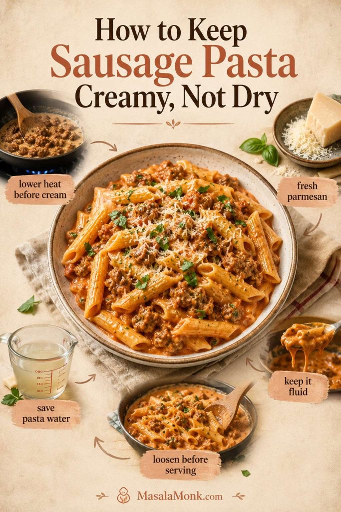 Guide showing how to keep sausage pasta creamy with lower heat, fresh parmesan, pasta water, fluid sauce, and loosening before serving.