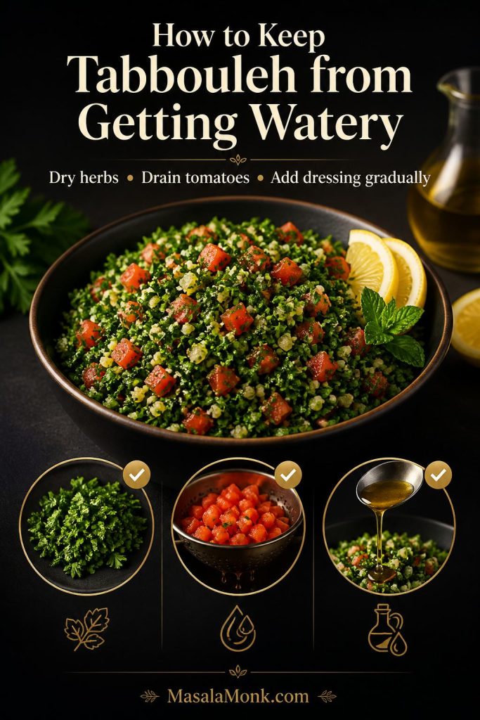 A watery tabbouleh prevention graphic showing dry herbs, drained tomatoes, gradual dressing, and a finished bowl of tabbouleh.