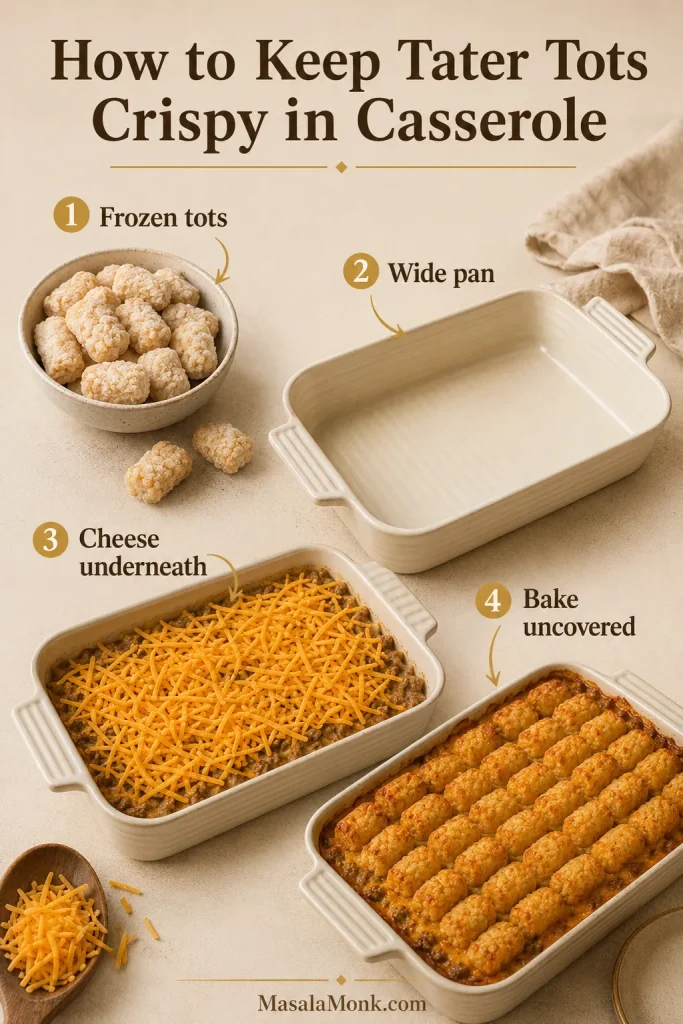 Guide to keeping tater tots crispy in casserole with frozen tots, wide pan, cheese underneath, and uncovered baking