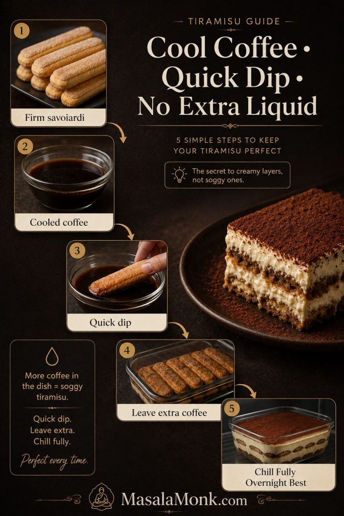 Soggy tiramisu prevention guide showing firm savoiardi, cooled coffee, quick dip, extra coffee left behind, and full chilling.