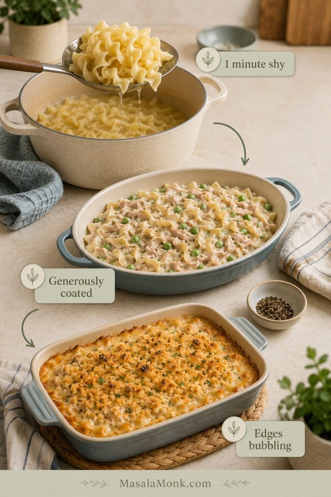 Three-step guide showing one-minute-shy noodles, generously coated casserole mixture, and bubbling edges for creamy tuna noodle casserole.
