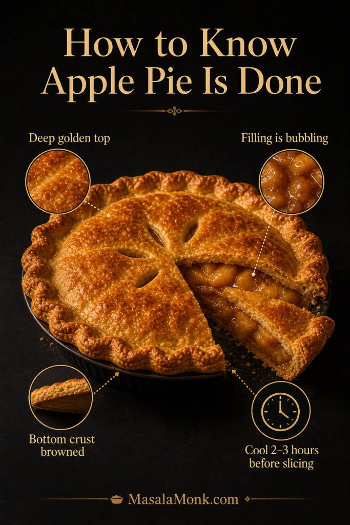 Finished apple pie with callouts for deep golden top crust, bubbling filling, browned bottom crust, and cooling 2 to 3 hours before slicing.