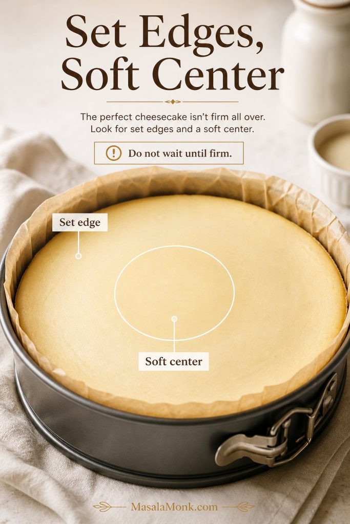 Baked cheesecake in a springform pan labeled with set edge and soft center doneness cues.