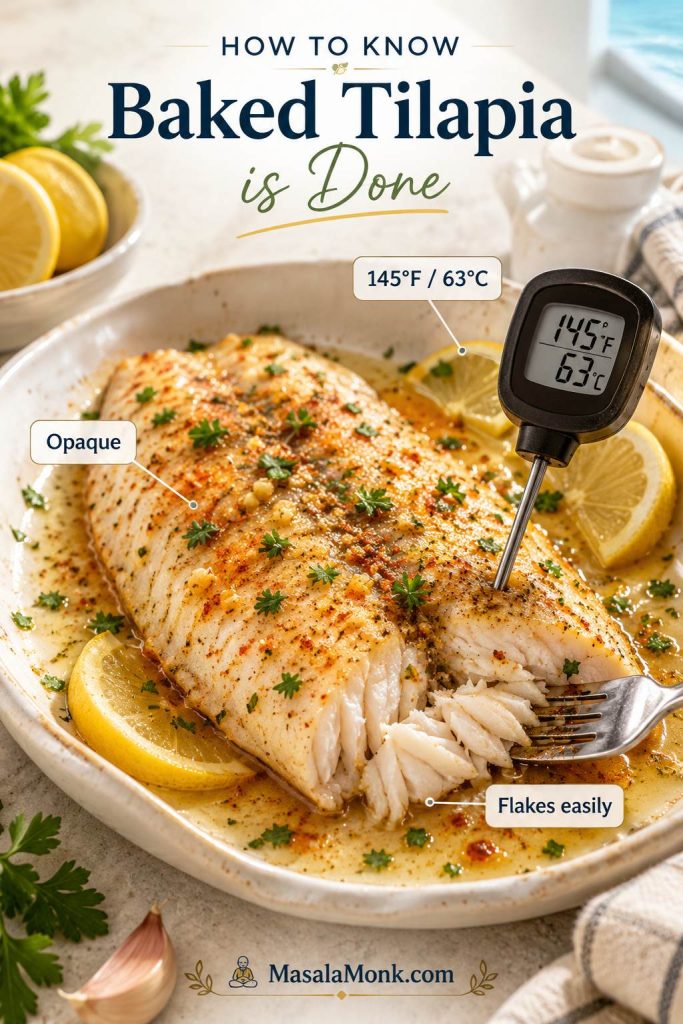 Baked tilapia doneness test with a fork separating flakes and a thermometer showing 145°F.