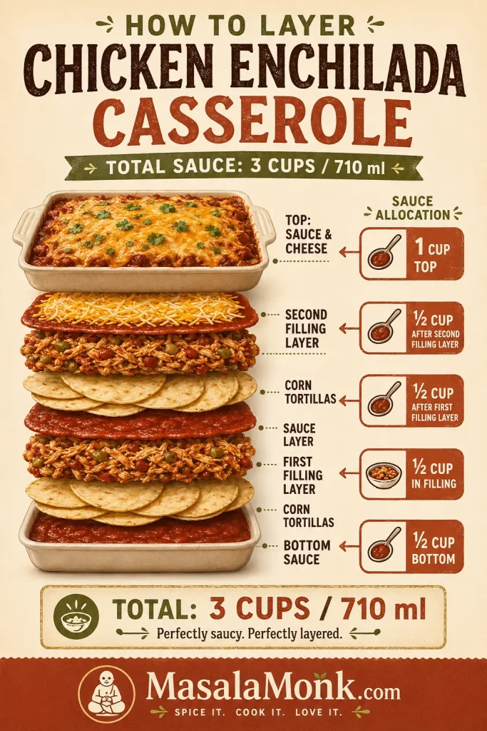 Layering diagram for chicken enchilada casserole showing corn tortillas, chicken filling, cheese, and a 3-cup sauce allocation.